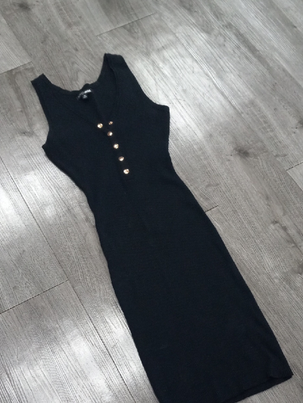 Fashion Nova Black Ribbed Sleeveless Midi Dress with Gold Buttons - Picture 2 of 6